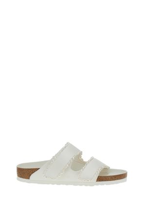 Birkenstock Ivory Satin Arizona Sandals with Pearl Detailing