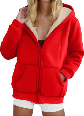 Generic Womens Teddy Fleece Hoodies Warm Sherpa Lined Fuzzy Sweatshirts with Pockets Oversized Full Zip Hooded Jacket Ladies Winter Warm Jumper Coat Outwear T