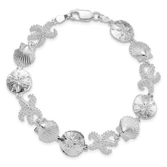 Diamond2Deal Sterling Silver Rhod-plated Polished Starfish,Shell,Sand Dollar Bracelet 7.25