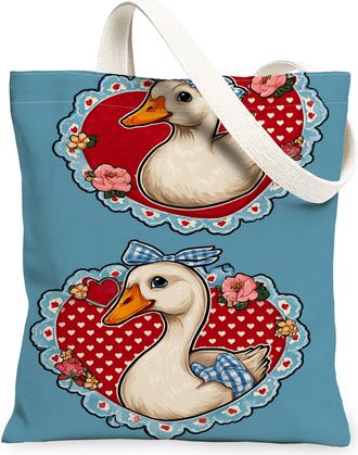 Generic Blue Floral Canvas Tote Bags, Cute Duck Design Reusable Shopping Bags, Spring Vintage Lightweight Washable Shoulder Strap C, Blue, 13x15 Inch