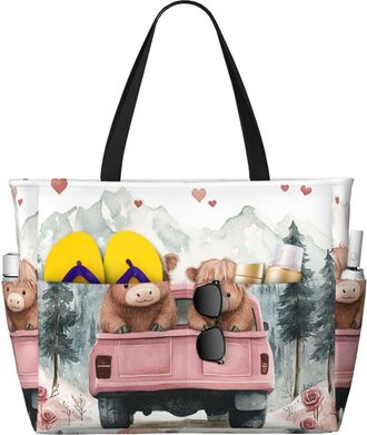 Generic Valentines Highland Cow Print Large Beach Bag Foldable Travel Shoulder Tote Bag With Pocket For Weekender Pool Vacation