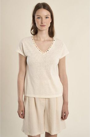 Molly Bracken T-shirt met V-hals en korte mouwen, pareldetails