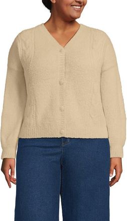 Lands End Fuzzy Eyelash Cable Cardigan Sweater in Champagne at Nordstrom, Size 1X