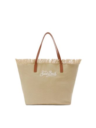 MC2 Saint Barth Fringed Beige Canvas Tote Bag with Leather Accents