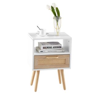 STILVORA Mesita De Noche Con 1 Caj&oacute;n, Frente De Rat&aacute;n Y Patas De Madera Maciza, Para Dormitorio Y Sal&oacute;n, En Mdf, 40 &times; 30 &times; 55 Cm