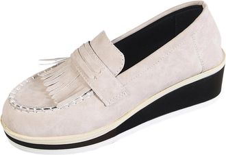 Generic Loafers for Women Wide Width Tassel Walking Shoes Solid Color Classic Stylish Breathable Comfortable Slip On Wedge Shoes Work Leisure Gray