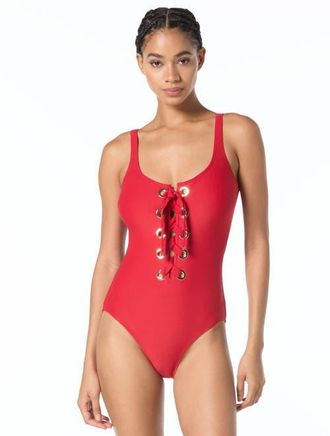 Michael Kors Grommet Solids Lace Up One-Piece Swimsuit in Red at Nordstrom, Size 16