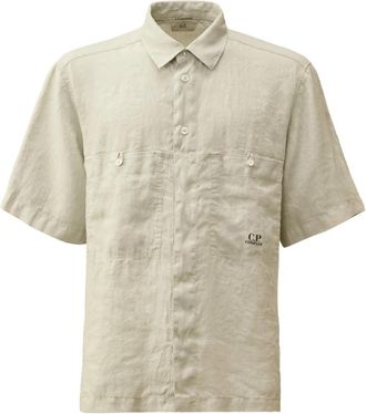 C.P. Company Blauwe Vos Linnen Boxy Korte Mouw Overhemd - Heren - Korte mouwen Overhemden - Beige - L - Linnen - Overhemden