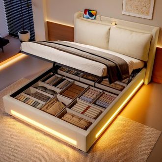Matteo Upholstered King Size Storage Bed with LED & Smart Headboard in Beige
