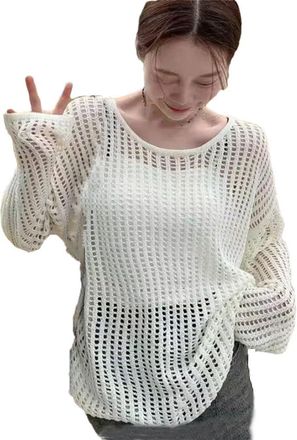 Generic Women Hollow Strapless Knitwear Sweater Loose Casual Long-Sleeved Tops Pullovers Jumpers White L