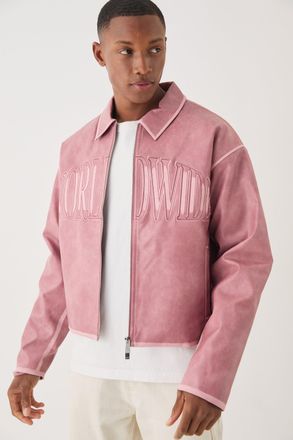 Boohooman Mens Boxy Tumble PU Applique Harrington Jacket In Pink - Size X-Large