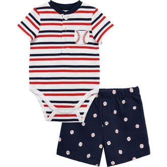 Little Me Baseball Bodysuit & Shorts Set in Blue at Nordstrom, Size 12M