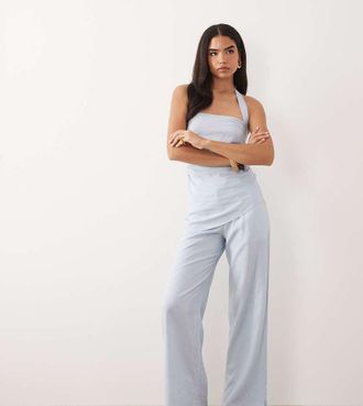 KAIIA Esclusiva Kaiia - Pantaloni a fondo ampio in misto lino azzurri in coordinato-Blu