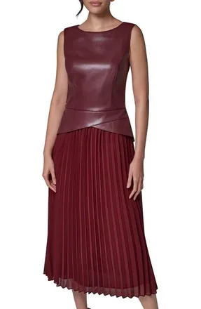 DKNY Faux Leather & Pleated Dress in Blk Cherry at Nordstrom, Size 12
