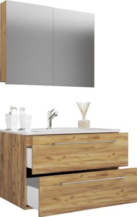 ebuy24 Ebuy24 - Vcm 3 Pcs Lavabo Lavabo Gabinete Inferior Ancho 80 Cm Muebles De Ba&ntilde;o Con Cajones Puertas Giratorias Armario De Espejo Badinos (roble Miel)