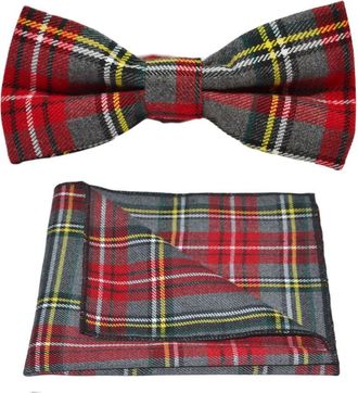 King & Priory Traditional Light Grey & Red Tartan Bow Tie & Pocket Square Set