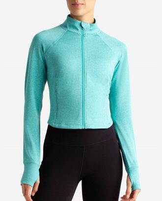 Danskin Cropped Melange Jacket In Baltic Heather