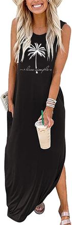 Generic Womens Summer Beach Long Dress Sleeveless Maxi Dress with Pockets Graphics Tank Shirt Dresses(Black,L)