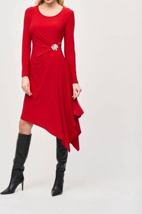 Joseph Ribkoff Long Sleeve Asymmetric Midi Fit And Flare Dress In Lipstick Red
