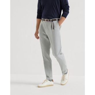 Brunello Cucinelli Mens Light Grey Wool Cotton Tapered Trousers, Size 52