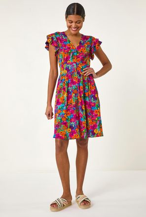 Roman Floral Print Button Frill Dress