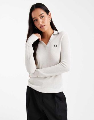 Fred Perry Polo a maniche lunghe in maglia color crema-Bianco