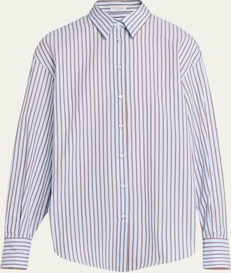 Brunello Cucinelli Monili-Trim Striped Cotton Poplin Button-Down Shirt