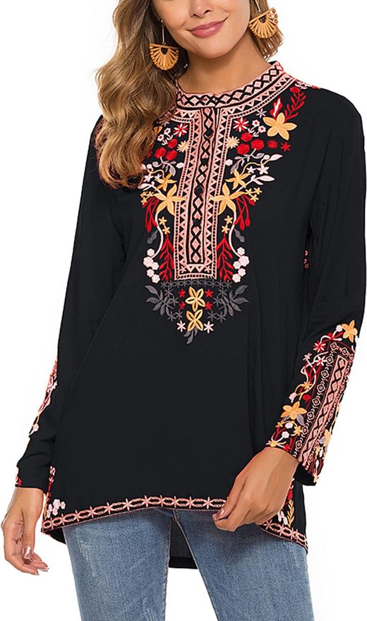 Free hot People Brown Long Sleeves Boho Peasant Embroidered high low top