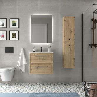 Cygnus Bath Mueble De Ba&ntilde;o Runa 70cm Roble 2 Cajones Lavabo 1 Poza Porcelana