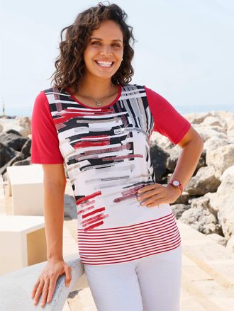 Casual Looks Kurzarmshirt CASUAL LOOKS Rundhals-Shirt, Damen, Gr. 36, erdbeere, 95% Viskose, 5% Elasthan, gemustert, mehrfarbig, Rundhals, Shirts Kurzarmshirt