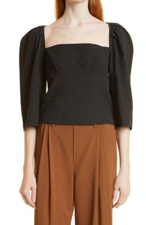 Vince Square Neck Puff Sleeve Cotton Blouse in 001Blk-Black at Nordstrom, Size 4