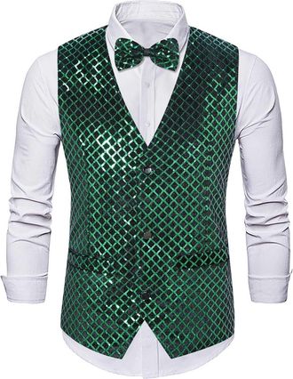Generic Mens Sequin Shiny Waistcoat Bowtie Set Sparkly Casual Suit Vest Jacket for Festival Disco Party Prom (Green, S)