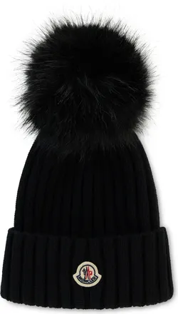 Moncler L20933B00039 Ribbed Knit with Faux Fur Pom-Pom Beanie - Black