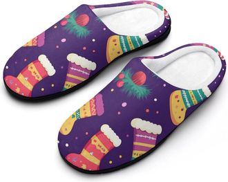 Generic Cute Christmas Stocking Pattern Mens Slippers Slip On Comfortable Fleece Cotton House Shoes Winter