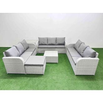 Fimous Pe Rattan Lounge Sofa Set 10 Seater Outdoor Garden Furniture Set with Square Coffee Table 3 Seater Sofa Big Footstool 2 Side Table Light Grey - Fimous