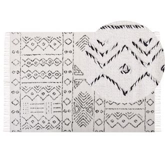 Beliani Alfombra De Lana Blanco Crema Negro 140 X 200 Cm Patr&oacute;n Azteca Pelo Corto Alkent