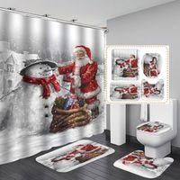 OEM Juego De Ba&ntilde;o Navide&ntilde;o De 4 Piezas: Cortina De Ducha Impermeable Con Dise&ntilde;o De Pap&aacute; Noel, Asiento De Inodoro, Alfombrilla Antideslizante, Alfombrilla 