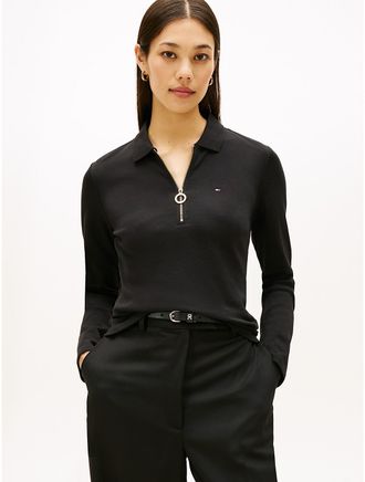 Tommy Hilfiger Womens Long-Sleeve Zip Slim Fit Polo - Black - S