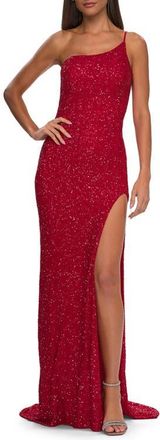 La Femme Elegant Soft Sequin One Shoulder Long Dress in Jewel Tones in Red at Nordstrom, Size 14