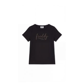 Freddy T-shirt donna girocollo con grafica dorata e fondo stondato