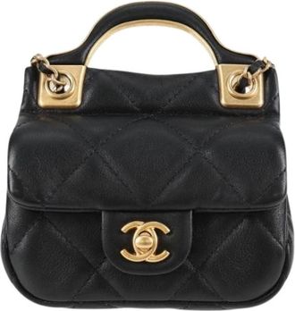 Chanel Pre-owned Lady Handle Flap Card Holder on Chain - Dames - Vintage Mini Tas - Zwart - ONE Size - Leer - Vintage