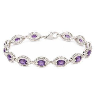House of Brilliance Sterling Silver Oval Purple Amethyst and 1/10 Cttw Diamond Link Bracelet