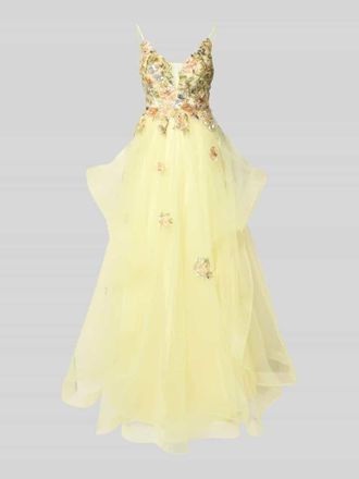 Unique Abendkleid aus T&uuml;ll mit Stitchings und Pailletten in GELB, Gr&ouml;&szlig;e 32