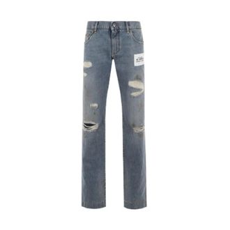 Dolce & Gabbana Straight Jeans, male, Blue, Size: L Blue Regular-Fit Jeans with Distressed Effect