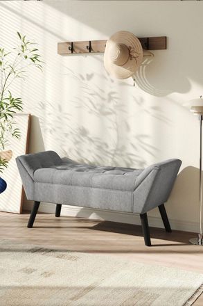 H&O Direct Buttoned Tufted Velvet Bench with Raised Arms in Grey