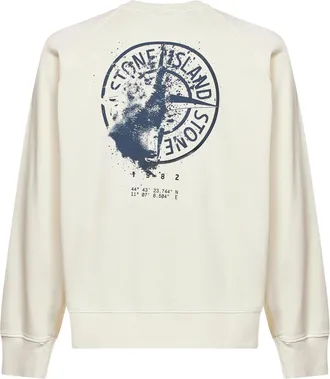 Stone Island Mens Crewneck Sweatshirt Compass Print Ivory Cotton Sweatshirts Sweater