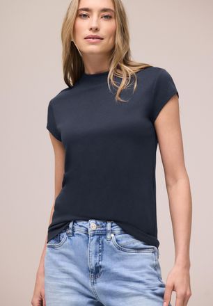 Street One Kurzarmshirt STREET ONE, Damen, Gr. 36, shadowed navy, Jersey, Obermaterial: 50% Baumwolle, 50% Modal, unifarben, tailliert h&uuml;ftbedeckend, Rundhals, a