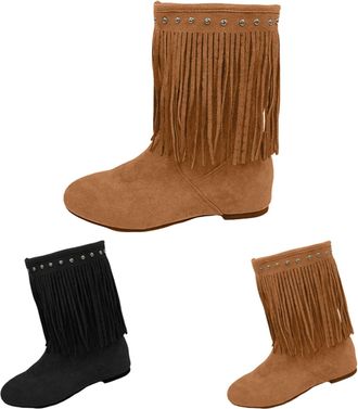 Generic Fringe Cowboy Boots For Women Waide Calf With Tassels - Retro Suede Ankle Boot Western Outdoor Booties Pull On Casual Footwear Flat Bottom Shoes Comfo