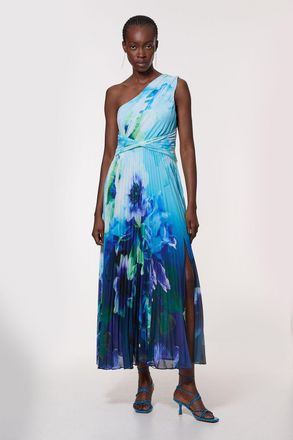 Karen Millen Womens Ombre Floral Soft Pleated One Shoulder Maxi Dress - Blue - Size 6 UK