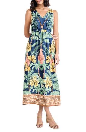 Maggy London Botanical V-Neck Midi Dress in Titan/Banana Cream at Nordstrom, Size 14